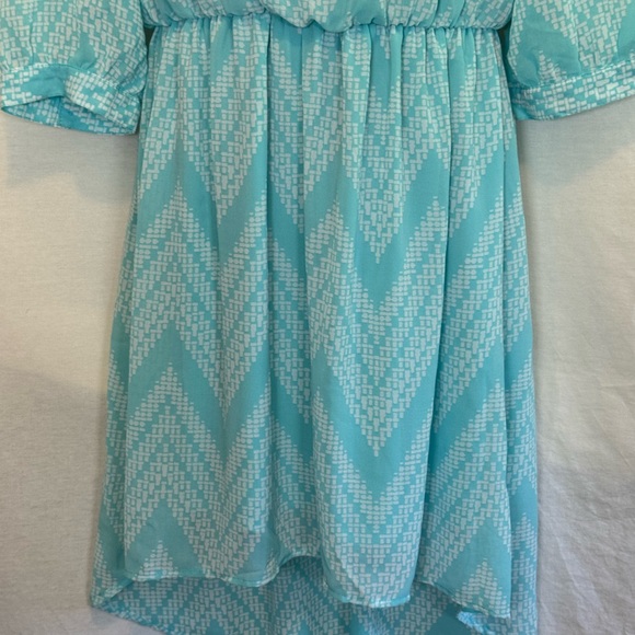 F-130 Takara Teal & White 1/2 Sleeve Hi Lo Lined MIDI Dress Size M - Picture 2 of 15